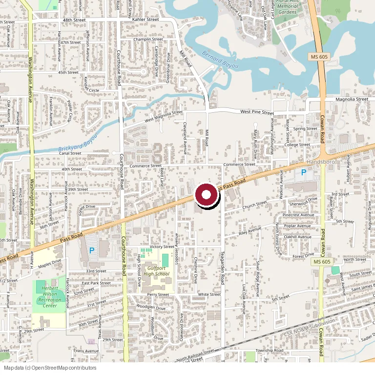 Map showing C&M Tactical at 729 E Pass Rd Ste B, Gulfport, MS